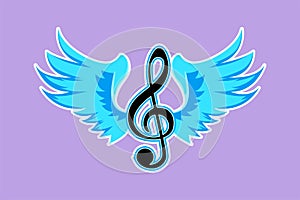 Character flat drawing of treble clefs with wings isolated on blue background. Winged feather violin clef or music symbol. Musical photo