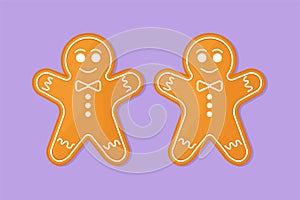 Character flat drawing two gingerbread man icing. Cookie in shape of man. Icon for winter holiday, cooking, new years eve. Snack