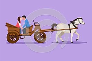 Character flat drawing wedding romantic couple trying kiss each other. Man and pretty woman just married. Happy bride and groom