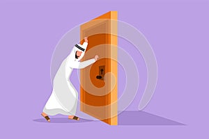 Character flat drawing of young Arabian businessman pushes closed wooden door. Business struggles metaphor. Strength manager for