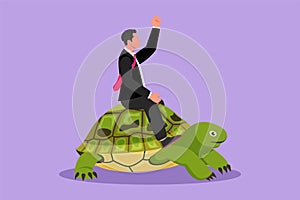 Character flat drawing of young businessman riding huge turtle. Slow movement to success, manager driving giant tortoise. Business