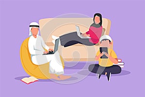 Character flat drawing young man woman using laptop and smartphone or tablet obsessed with devices gadget. Arab people internet