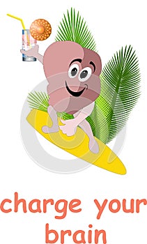 Character in the form of a brain combining sport and relaxation: cutting waves on a surfboard and drinking a