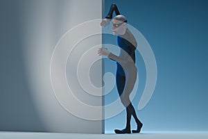Character fraudster John Scammer in mask look around the corner with empty space. 3d rendering. photo