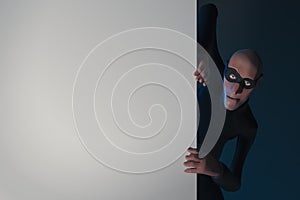 Character fraudster John Scammer in mask look around the corner with empty space. 3d rendering. photo