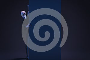 Character fraudster John Scammer in mask look around the corner with empty space. 3d rendering. Night time. photo