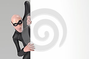 Character fraudster John Scammer in mask look around the corner with empty space. 3d rendering. Close up. photo