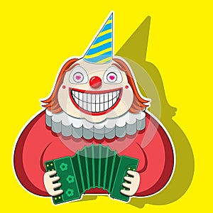 Character funny clown playing the accordion in a striped cap. vector image