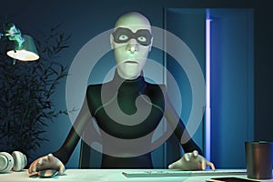 Character Hacker John Scammer in mask using PC committing online theft staying in his office . Front view. 3d rendering.