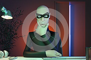 Character Hacker John Scammer using PC committing online theft staying in his modern office. Front view. 3d rendering.