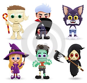 Character halloween vector set. Cute kids characters wearing halloween costume.