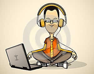 User in orange shirt and headphones with a laptop