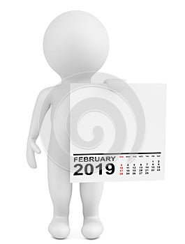 Character holding calendar February 2019. 3d Rendering