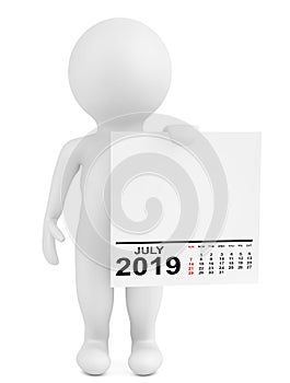 Character holding calendar July 2019. 3d Rendering