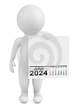 Character Holding Calendar June 2024 Year. 3d Rendering