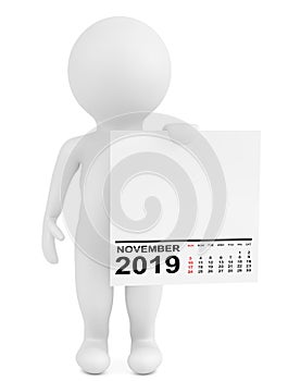 Character Holding Calendar November 2019 Year. 3d Rendering