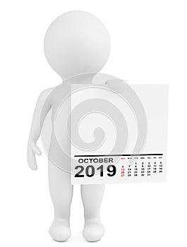 Character Holding Calendar Ocotber 2019 Year. 3d Rendering