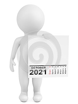 Character Holding Calendar October 2021 Year. 3d Rendering