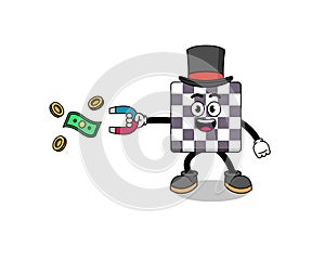 Character Illustration of chessboard catching money with a magnet