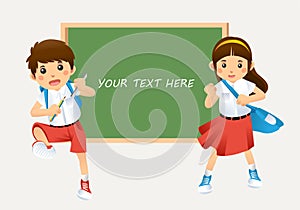 Character illustration of Indonesian Primary School Kids, boy and girl with Greenboard behind