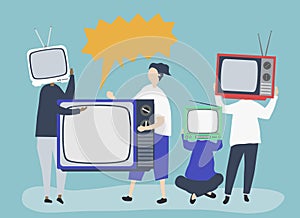 Character illustration of people with analog TV icons