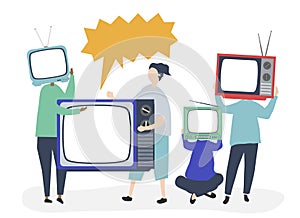 Character illustration of people with analog TV icons