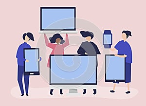 Character illustration of people with different digital devices