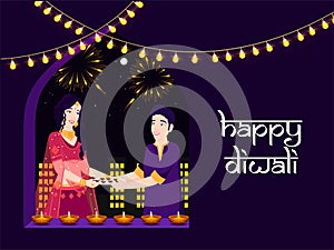 Character of Indian couple holding oil lamp for celebrating Diwali Festival.