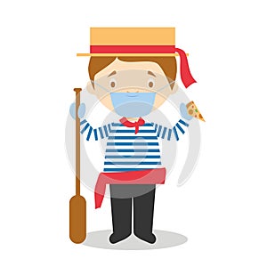 Character from Italy dressed in the traditional way as a Venice gondolier eating pizza and with surgical mask and latex gloves