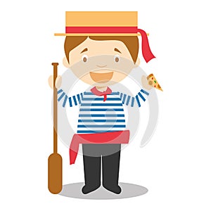 Character from Italy dressed in the traditional way as a Venice gondolier eating pizza.