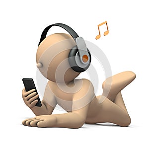 Character is listening to his favorite music with headphones