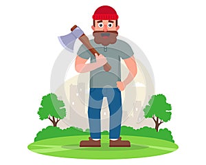 character lumberjack with an ax goes to cut trees. photo