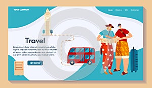 Character male travel around world, flat vector illustration. Creating route, map for trip. Design for website, your