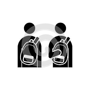 Character man carrying backpack on front icon set