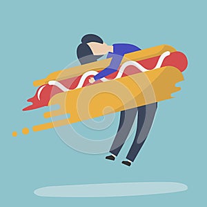 Character of a man hugging a fast food hotdog illustration