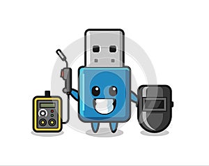 Character mascot of flash drive usb as a welder