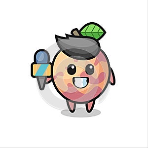 Character mascot of pluot fruit as a news reporter