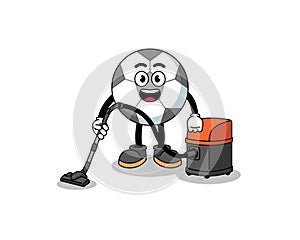 Character mascot of soccer ball holding vacuum cleaner