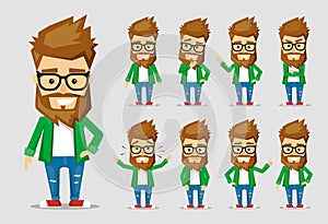 Character men hipster. A collection of several movements and emotions.