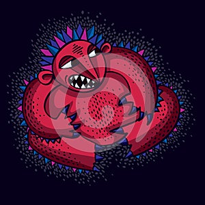 Character monster vector flat illustration, cute red angry mutant. Drawing of freak weird beast, emotional expression.
