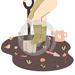 character person gardening in the backyard with plants, pink flowers, worm, bird and ladybug. Springtime illustration