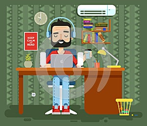 Character programmer, copywriter, gamer, freelancer, designer, man in headphones with beard at home, computer flat style