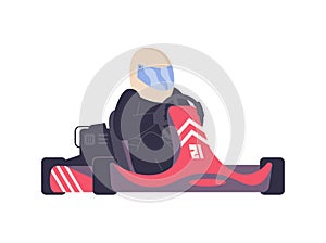 Character in protective suit and helmet karting in go-kart car, flat vector illustration isolated on white background.