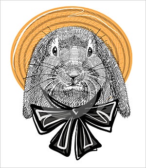 The character is a rabbit in a straw summer hat with black silk ties.