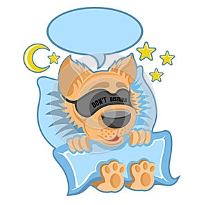 Character red dog in the bed sleeping with blindfellen and speech bubble in cartoon style on white