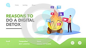 Character Rejection Devices, Internet and Social Networks Digital Detox Landing Page Template. Man Throw Gadgets in Fire