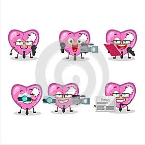 Character reporter pink broken heart love cute mascot with microphone