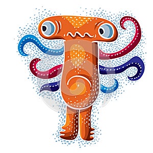 Character sad monster vector flat illustration, cute orange mutant. Drawing of weird beast, emotional expression.