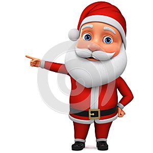 Character Santa Claus points his finger at an empty space. 3d rendering illustration for advertising