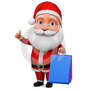 Character Santa Claus shows thumb up and holds shopping. 3d rendering. Illustration for advertising